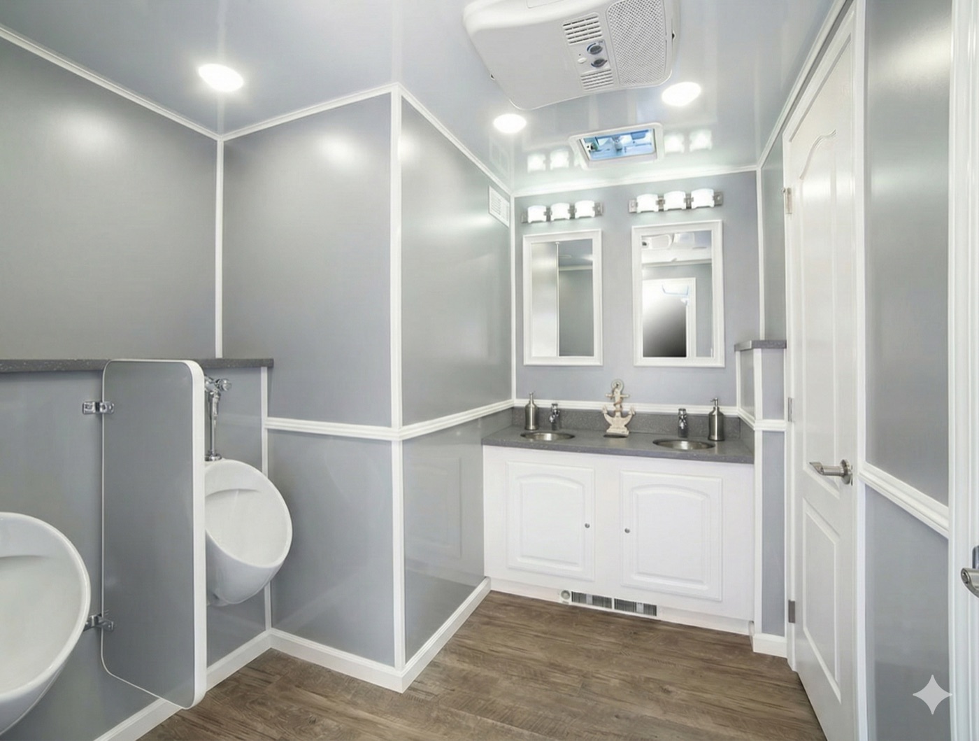 Dual vanity with mirrors and white cabinetry
